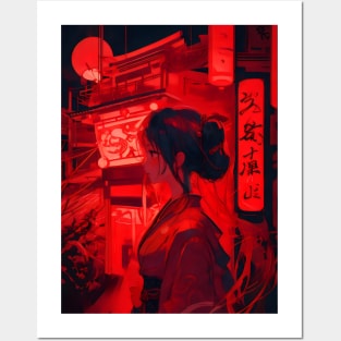 Red neon Japanese girl Posters and Art